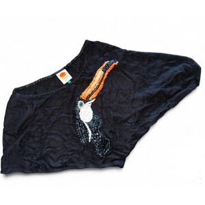 Farm Rio Toucan One Shoulder Woven Embroidered Crop Top Oversized Black Small